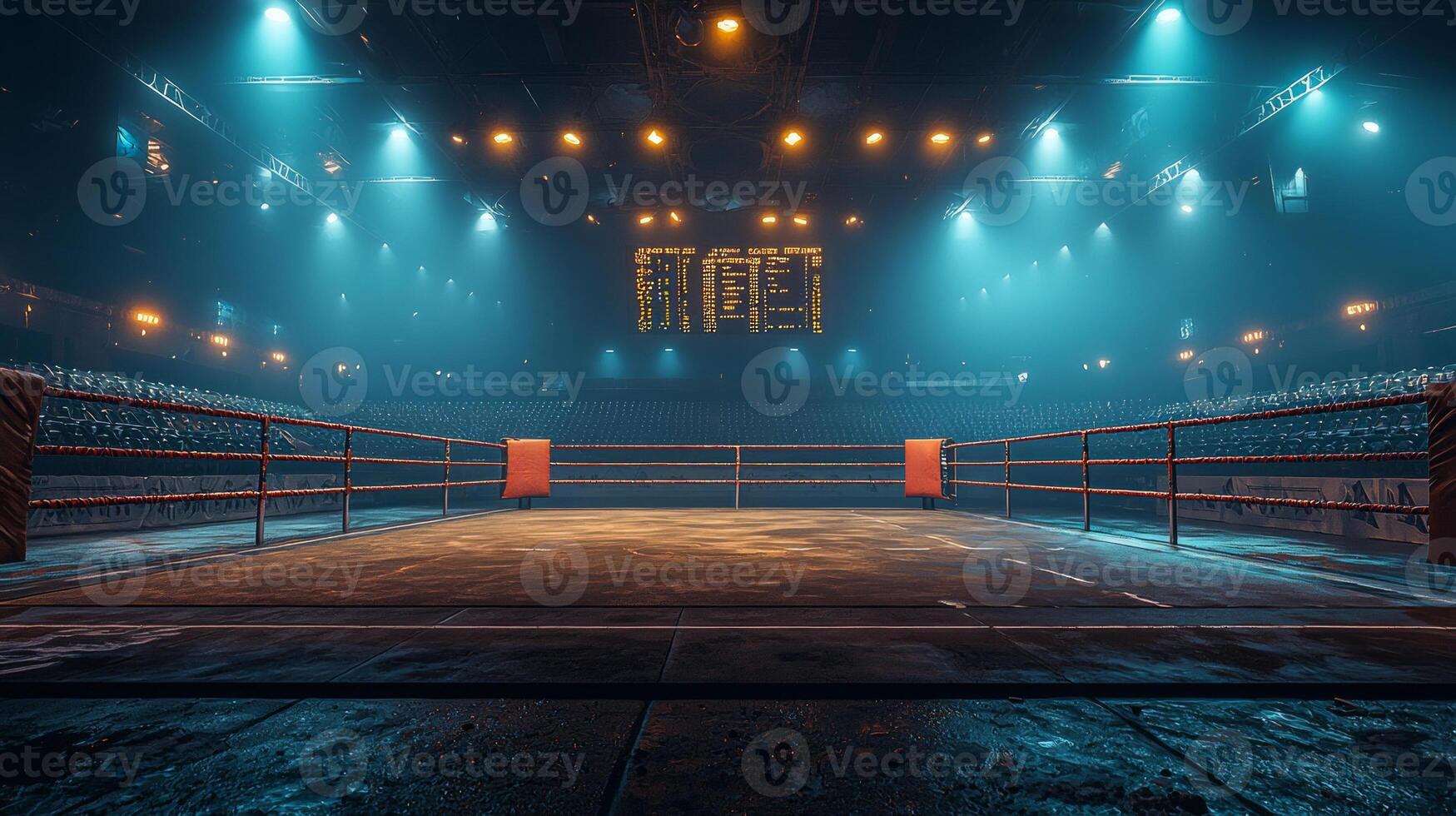 Empty boxing ring is well lit bright overhead lights large scoreboard visible above. Surrounding seats are unoccupied showcasing sleek and modern atmosphere in arena photo