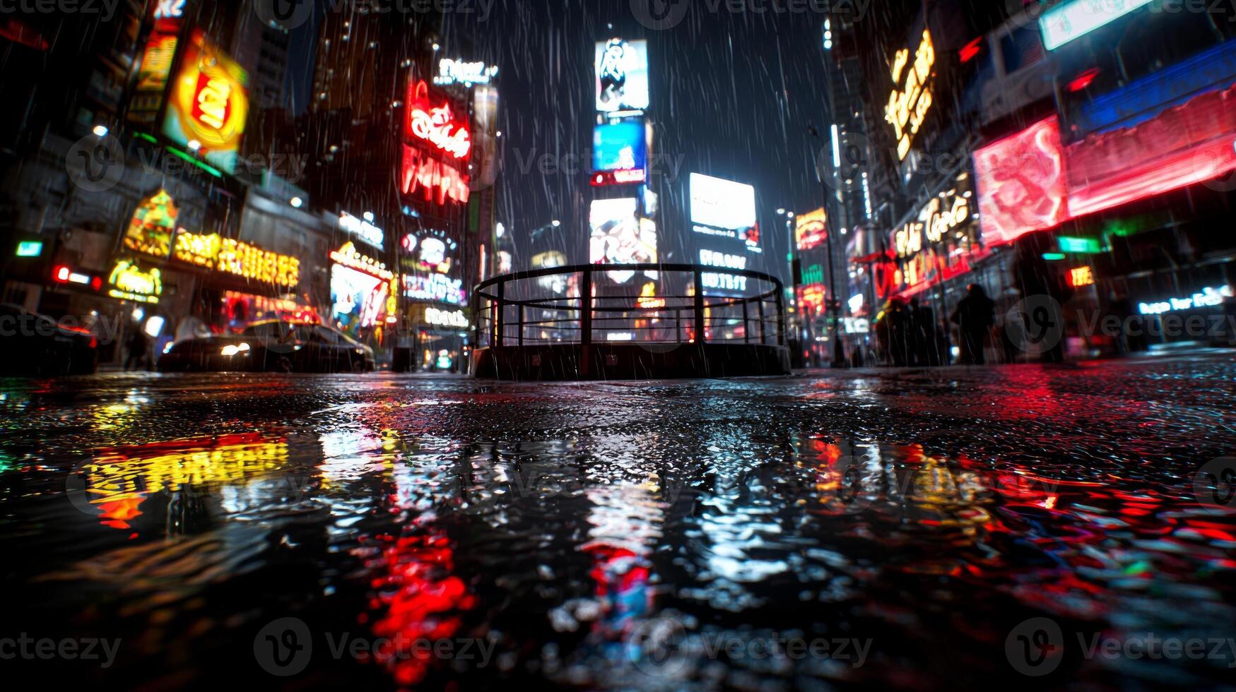empty outdoor boxing ring sits in city square surrounded tall buildings and puddles reflecting vibrant neon lights during rainy evening creating striking urban atmosphere photo