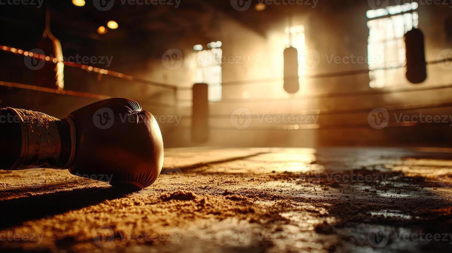 empty boxing ring sits in dimly lit gym illuminated sunlight streaming through dusty windows. Faint silhouettes of punching bags hang in background enhancing ambiance photo