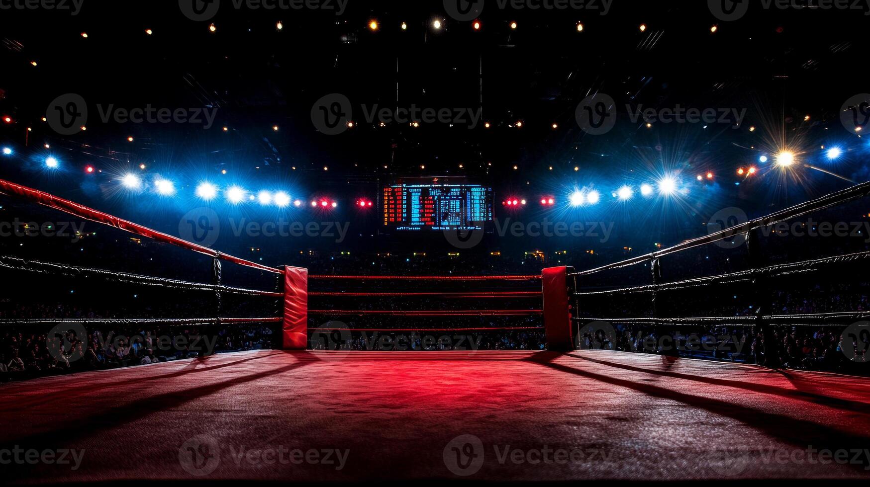 wide shot captures vacant boxing ring bathed in bright stadium lights highlighting sleek atmosphere empty audience and prominent scoreboard photo
