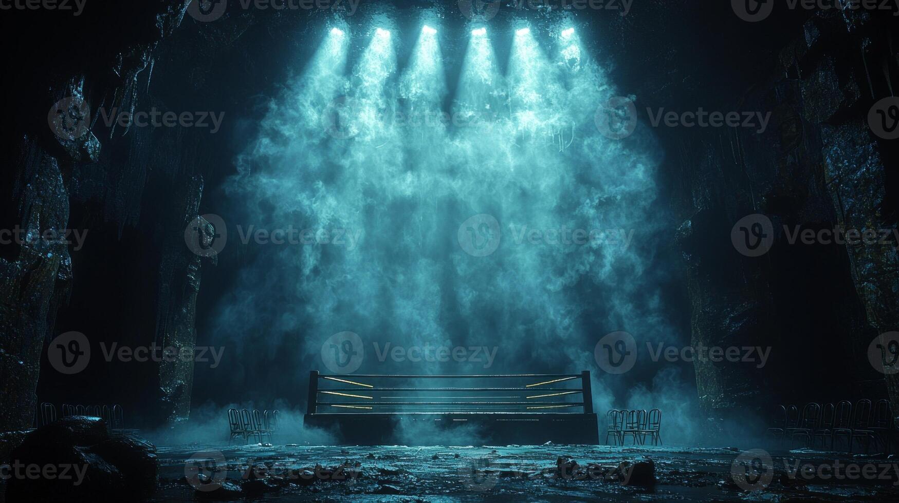 empty boxing ring stands in dimly lit space surrounded swirling fog from smoke machine. atmosphere is gritty scattered chairs adding mystery photo