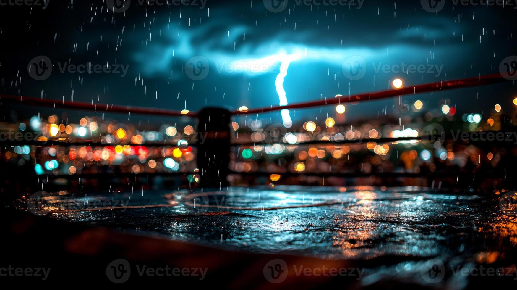 professional boxing ring stands relentless downpour puddles collecting around it. Dark clouds loom overhead while lightning illuminates stormy backdrop photo