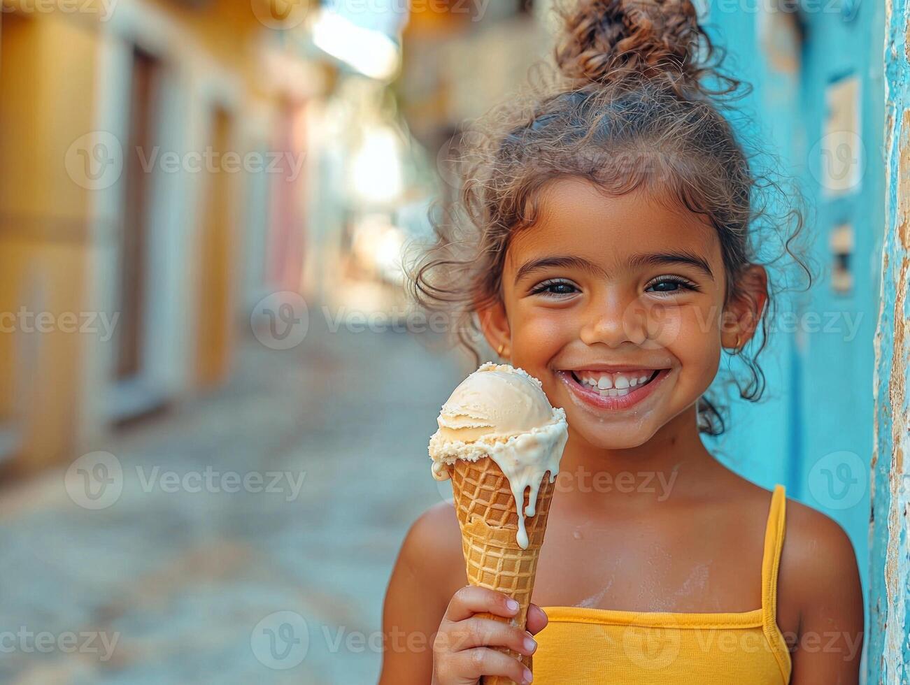Hispanic toddler laughs while holding ice cream cone sunlight shining on their joyful face. Dripping ice cream creates playful moment in colorful street photo