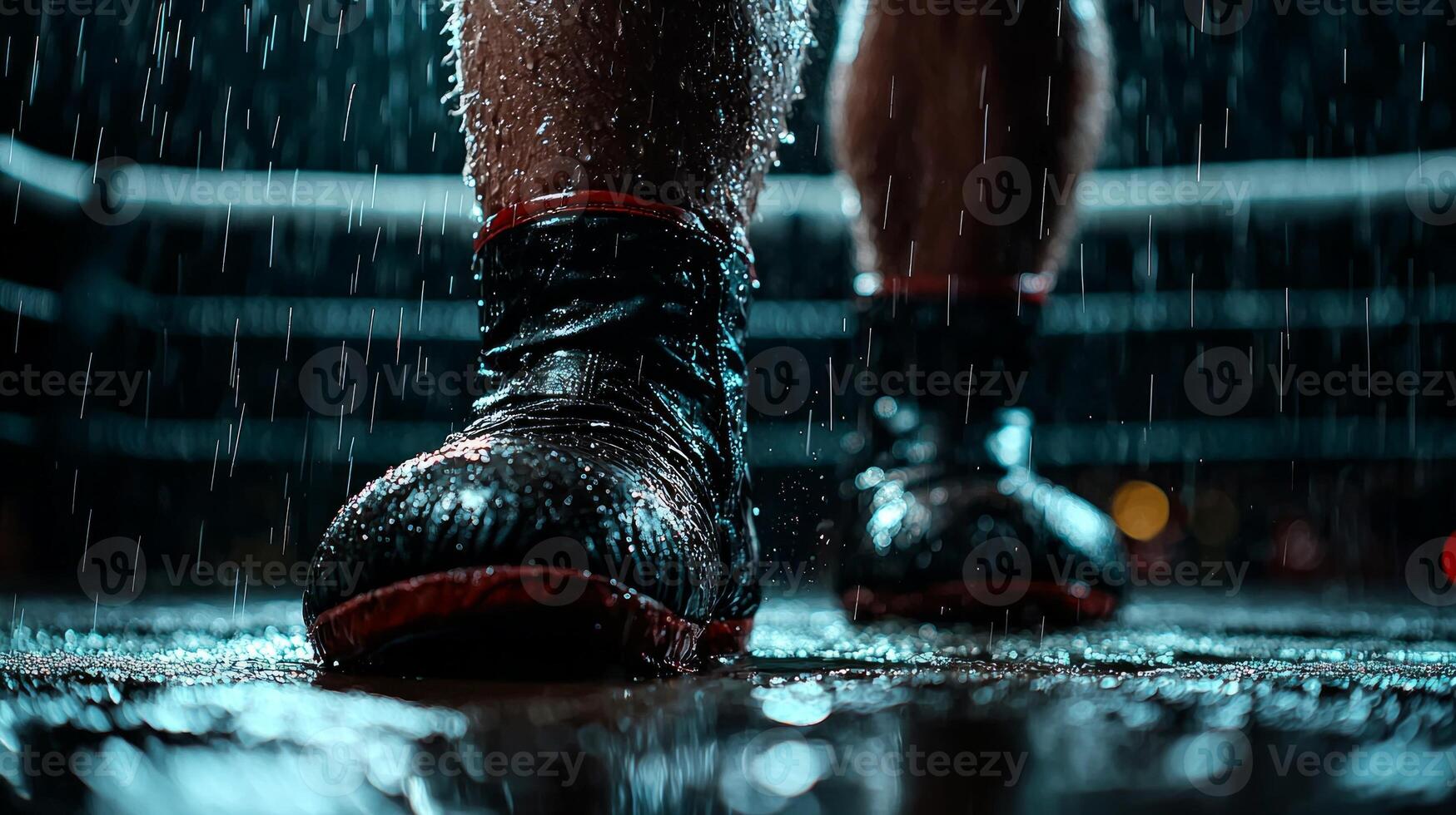 outdoor boxing ring faces fierce storm heavy rain pouring down. Puddles accumulate on ground as dark clouds and flash of lightning enhance intense atmosphere photo