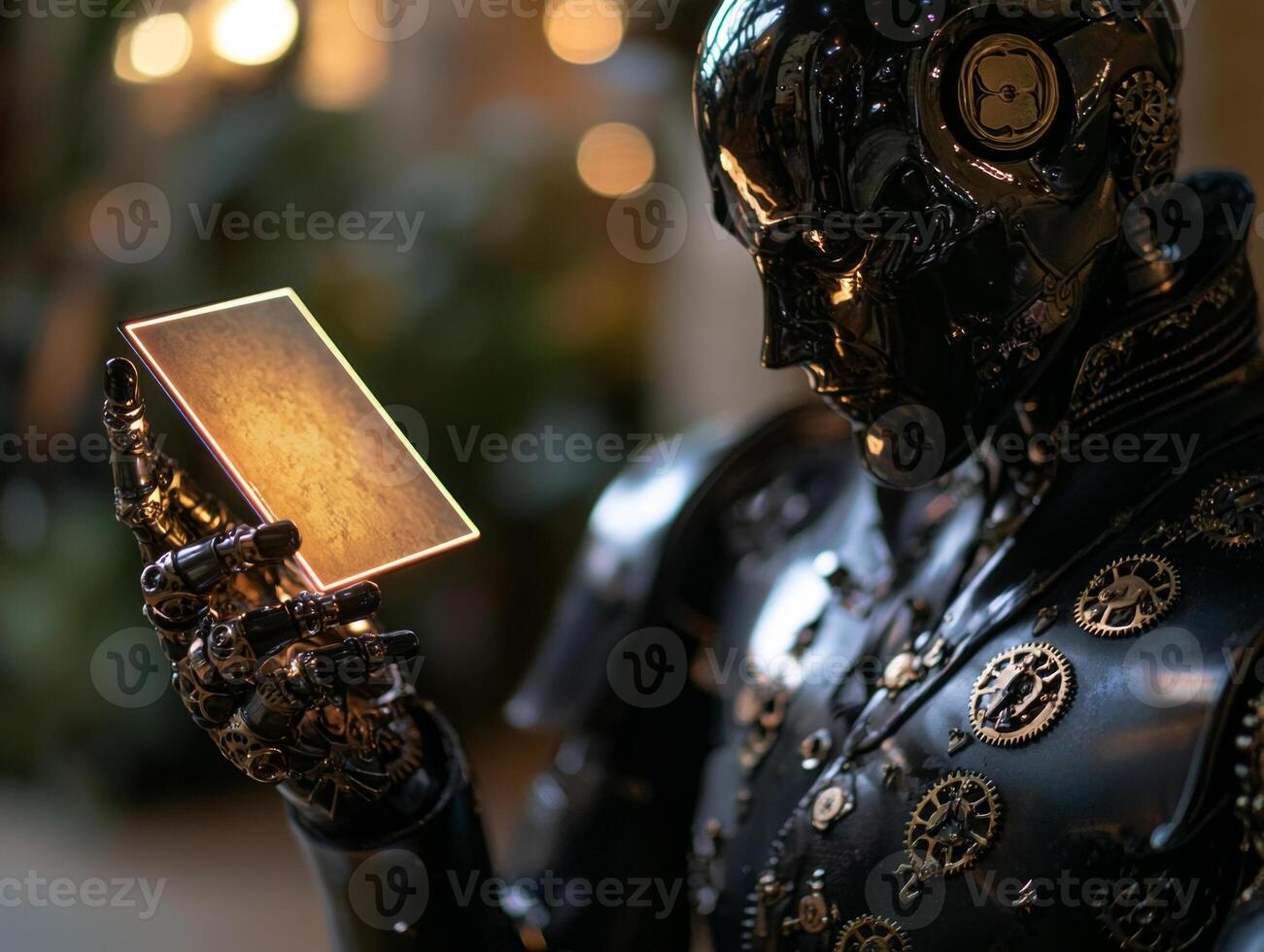 robot dressed in black tuxedo extends its metallic hand holding glowing holographic invitation medieval ball set against ornate stone wall and intricate gear details photo