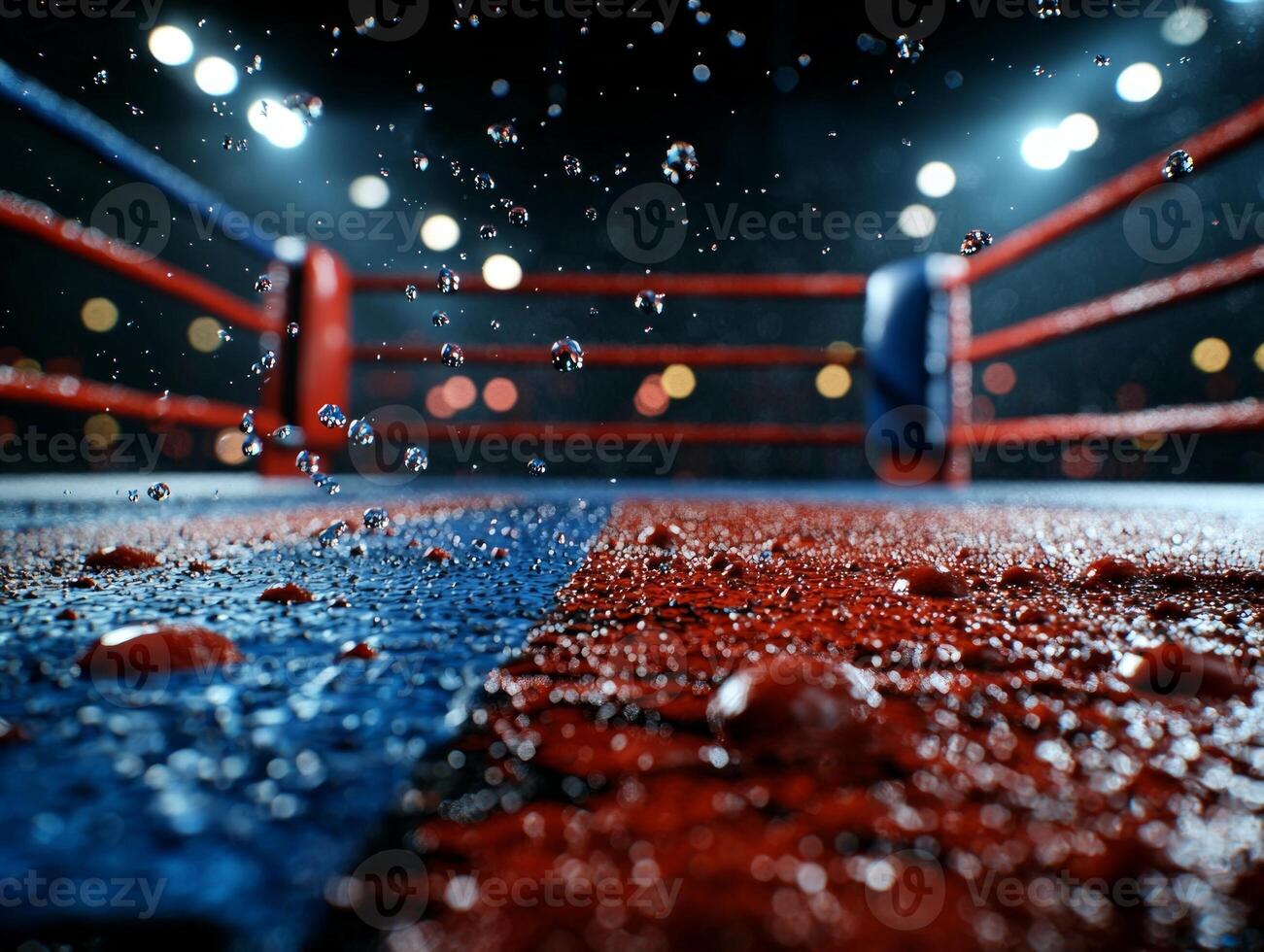 Detailed perspective of empty boxing ring featuring red and blue corner pads. Sweat and blood droplets are visible on canvas low ambient lighting setting dramatic tone photo