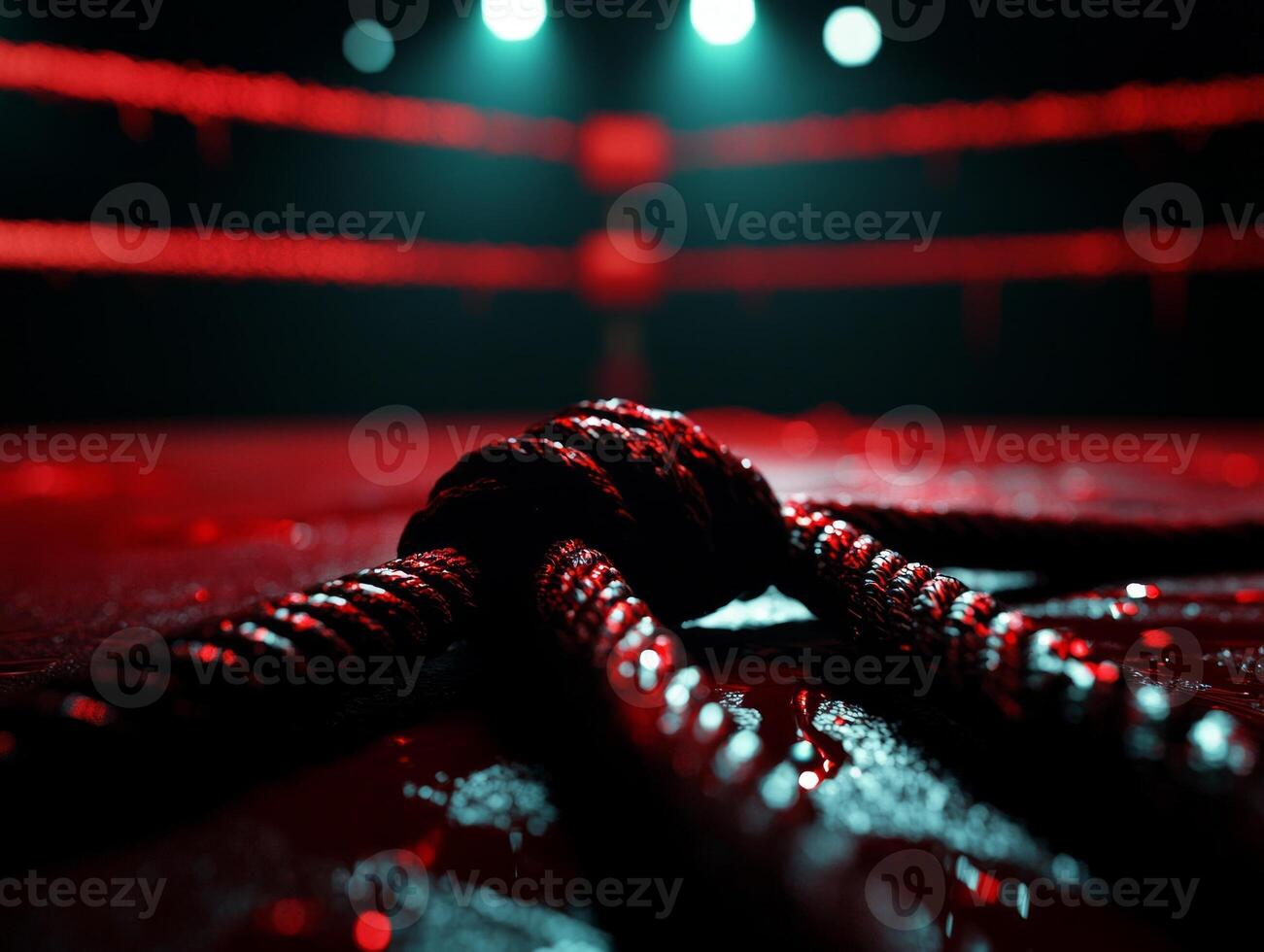 close up showcases bloodstains on canvas and ropes of empty boxing ring. Faint shadows of ring posts are illuminated soft overhead lighting photo