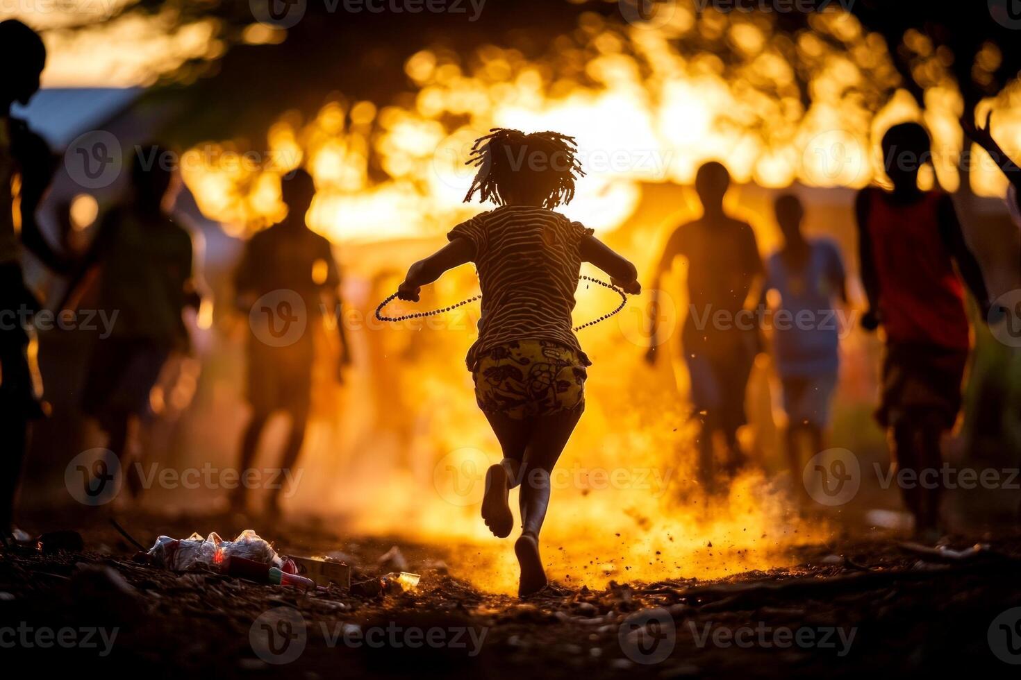 young girl jumps rope energetically along dirt path while friends enthusiastically cheer her on against bright midday sun creating lively atmosphere filled excitement photo
