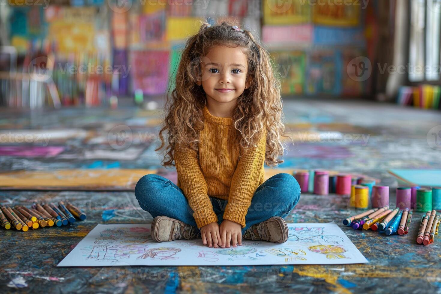 South Asian child sits cross legged on classroom floor happily creating art crayons on large sheet of paper surrounded vibrant supplies and inspiring backdrop photo
