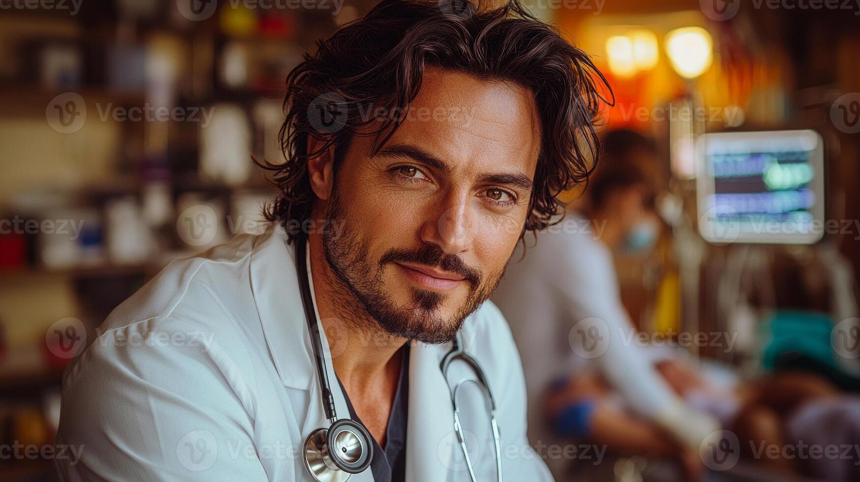 In hospital Jesus Christ dressed in white coat over his robe listens patient's heartbeat using stethoscope while supportive staff assist in background photo
