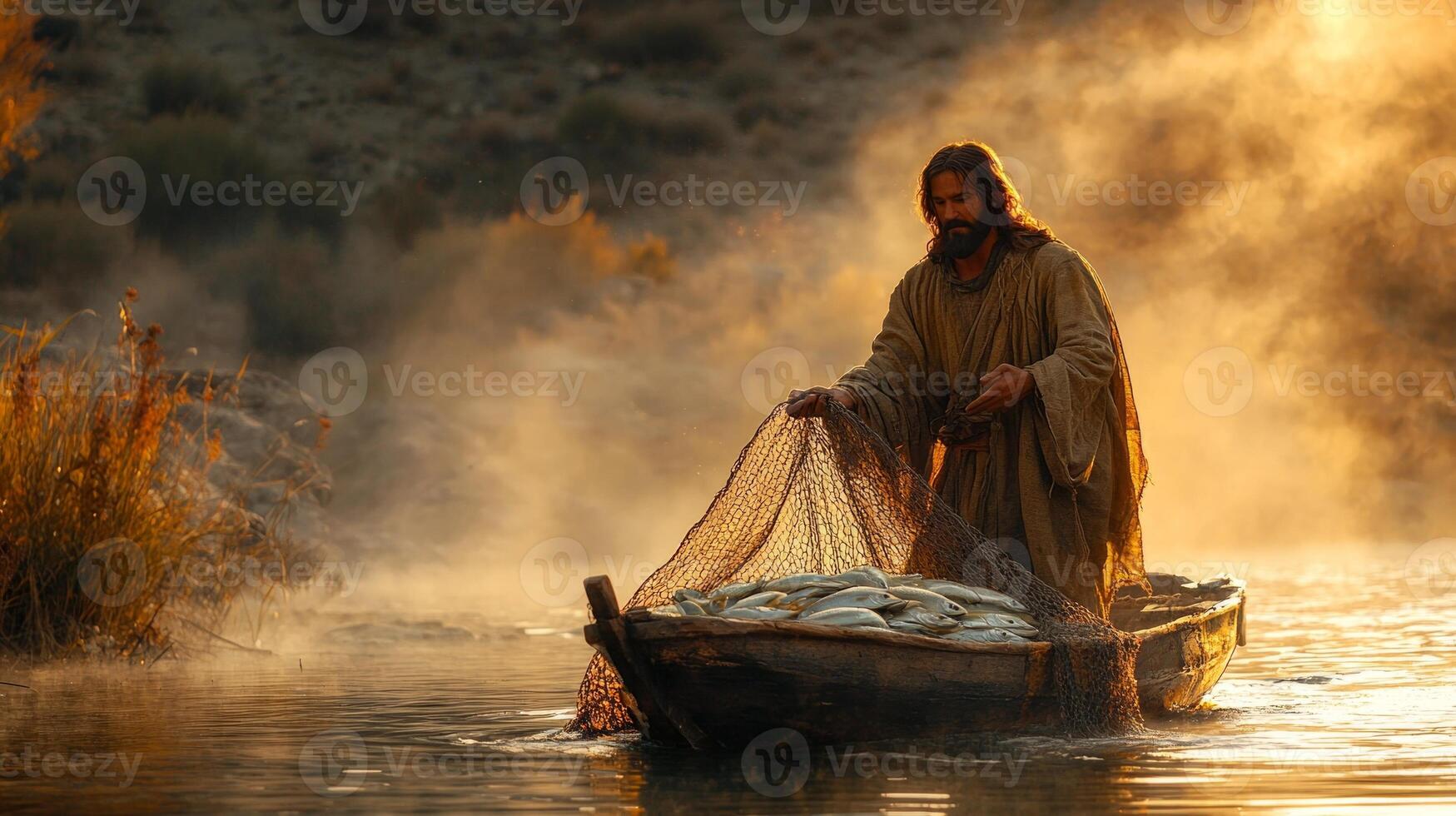 Jesus Christ is standing on small boat in peaceful water dawn pulling in net filled fish. soft light creates serene and reflective atmosphere around him photo