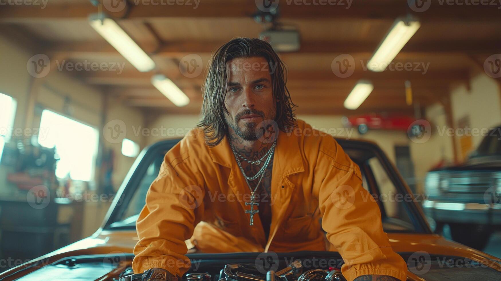 In brightly lit garage Jesus Christ works hood of classic car. He wears mechanic's jumpsuit while his robe subtly shows. Tools and spare parts surround him photo