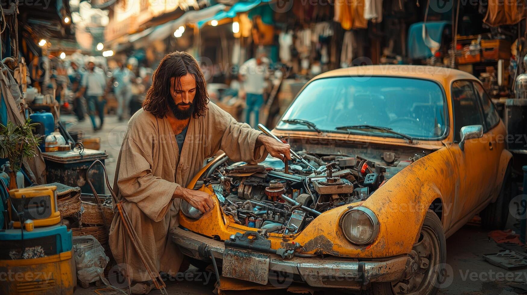 In brightly lit garage Jesus Christ dressed in mechanic jumpsuit his robe visible focuses on repairing car's engine while surrounded tools and spare parts photo
