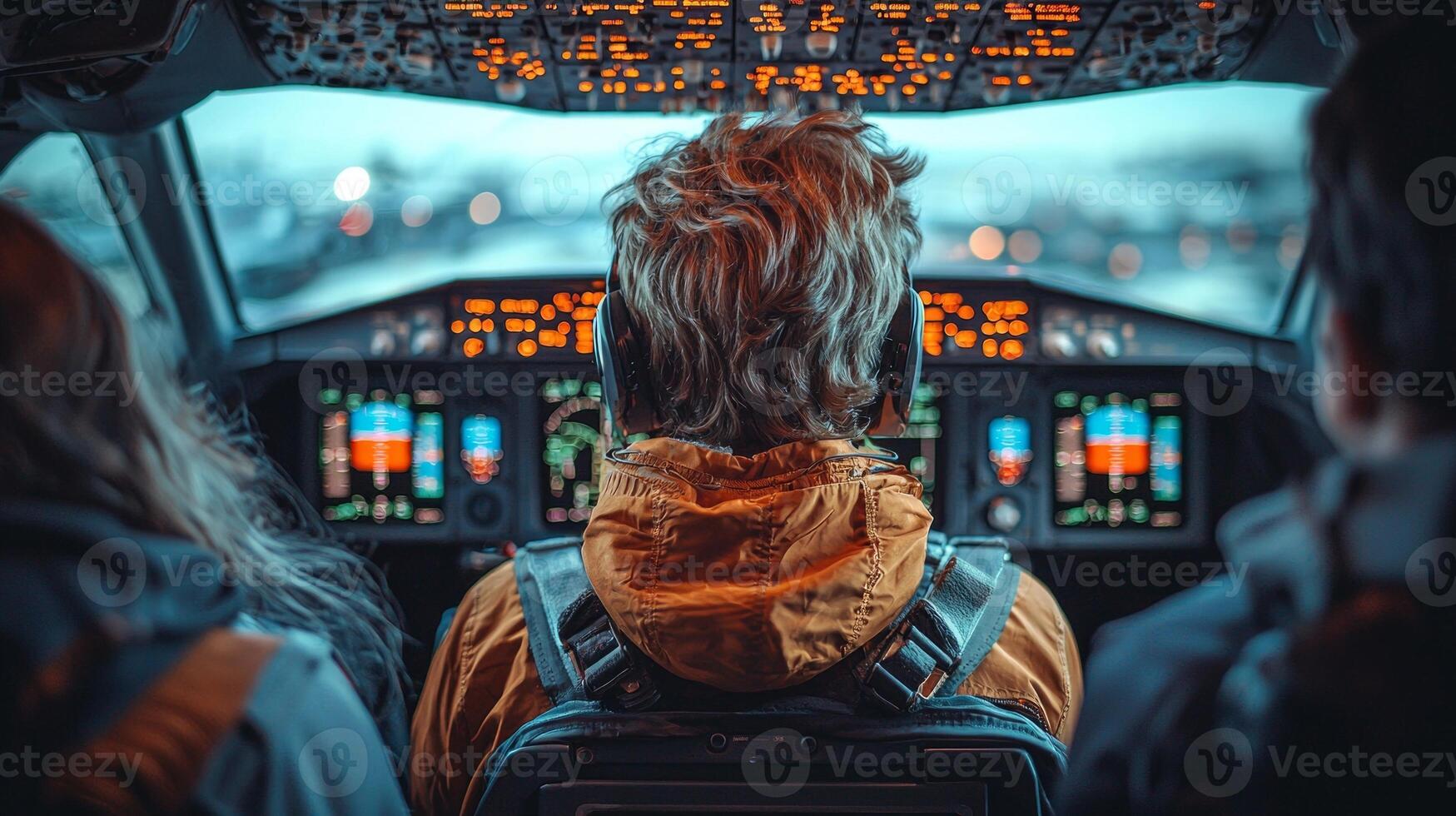 In modern airplane cockpit Jesus Christ confidently pilots aircraft while steering through clear blue sky bringing peace passengers behind him photo