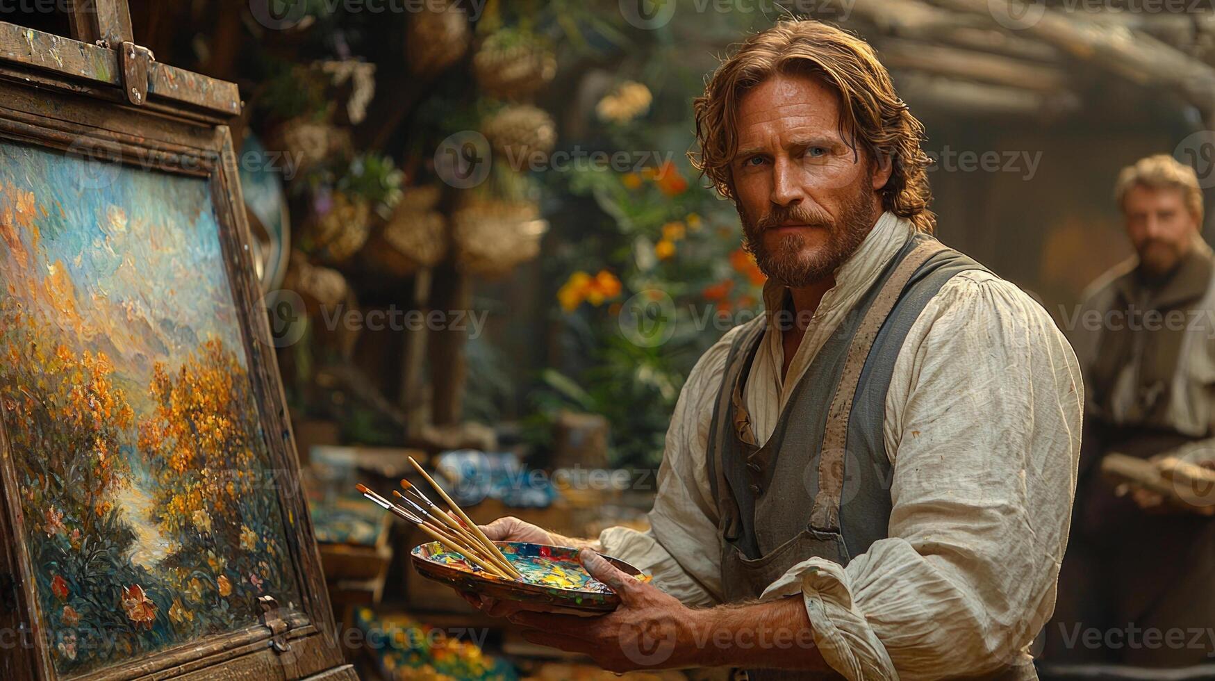 In bright studio Jesus Christ expresses his artistic talent painting vibrant landscape on canvas. Surrounded brushes and colorful palettes he showcases his creativity photo