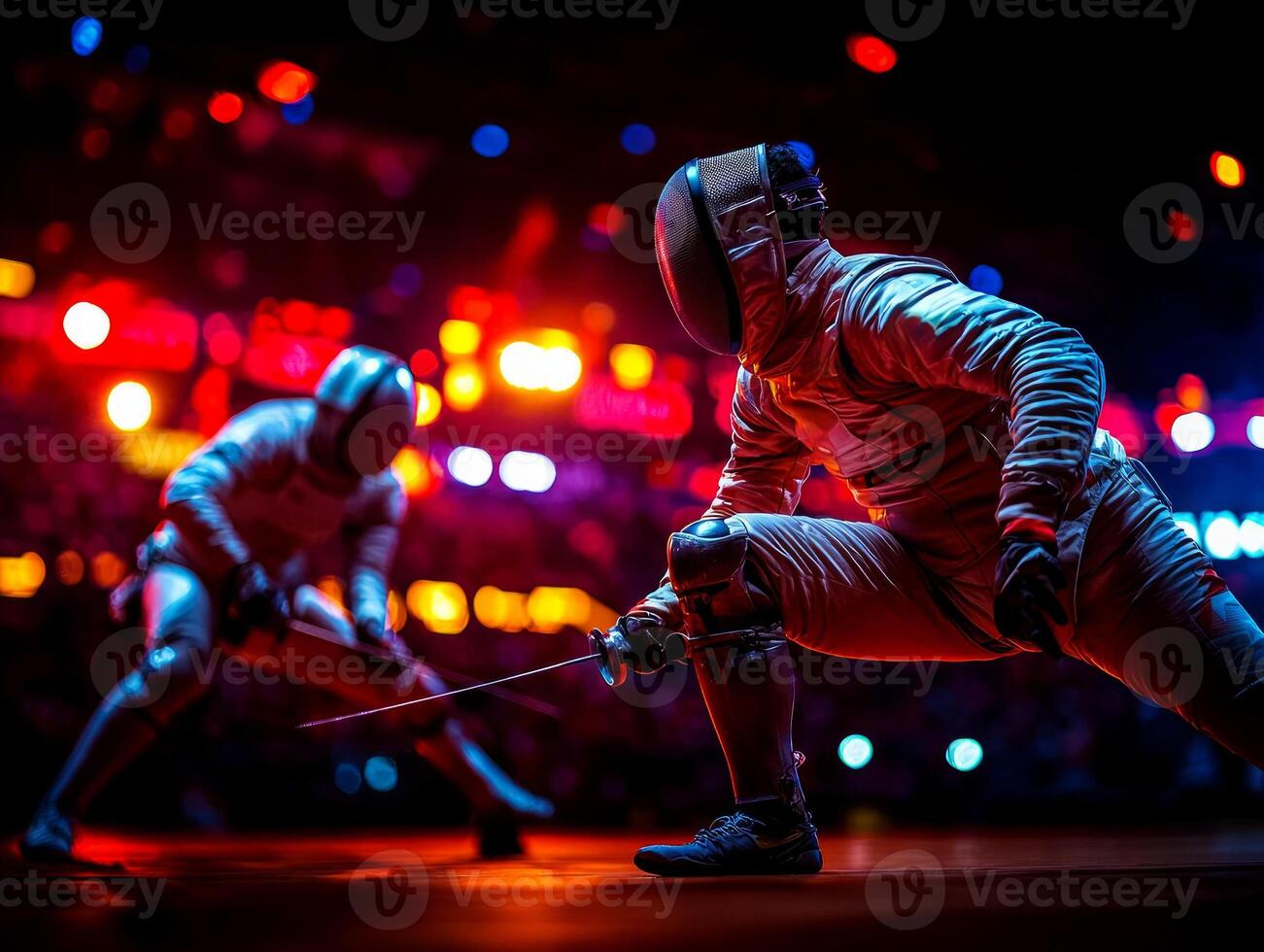 skilled fencer leg prosthetic lunges their opponent in brightly lit arena. atmosphere is intense as both athletes engage in crucial moment of match photo