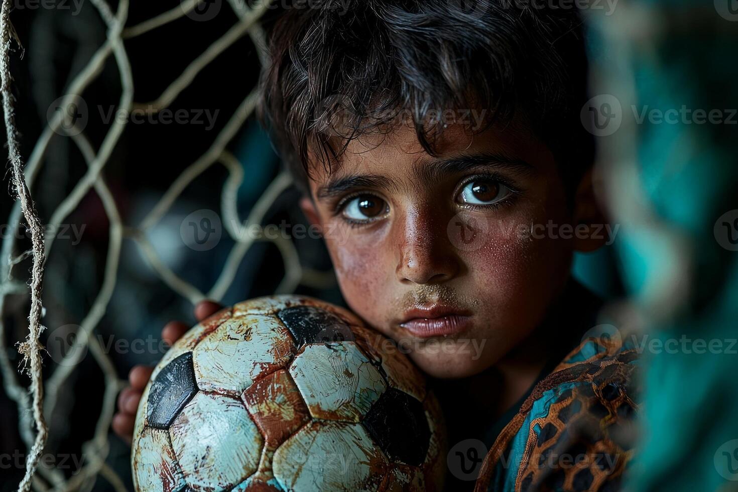 Middle Eastern boy stands soccer ball tucked his arm gazing confidently camera while goalpost is visible behind him in warm evening light photo