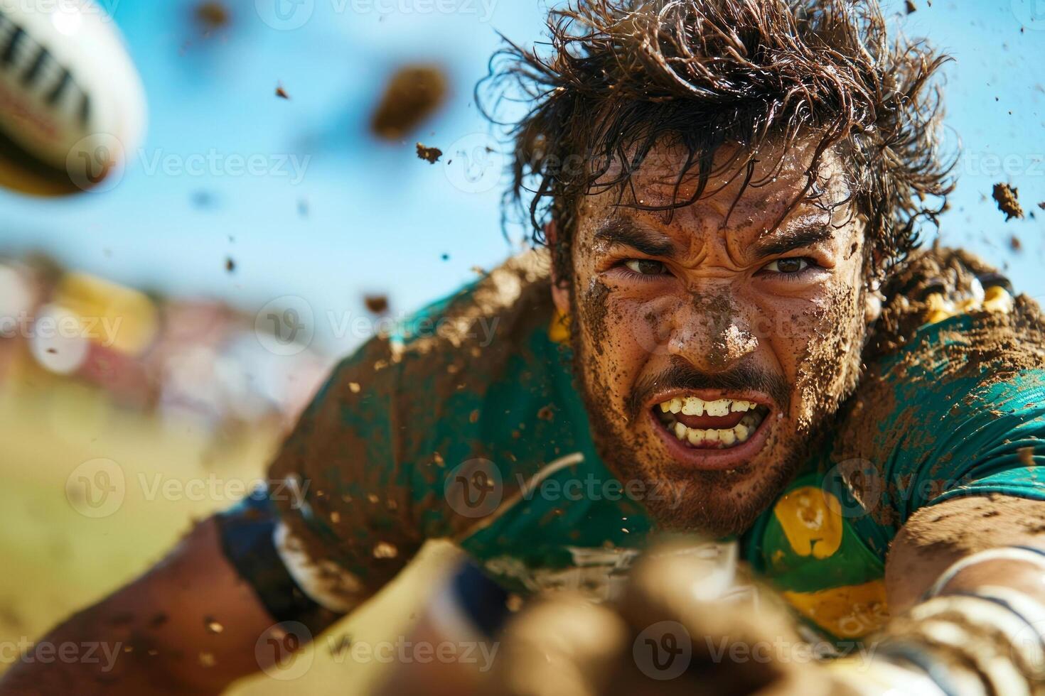 determined Hispanic rugby player prosthetic arm tackles opponent in mid action on grassy field dirt flying around showcasing intensity and athleticism photo