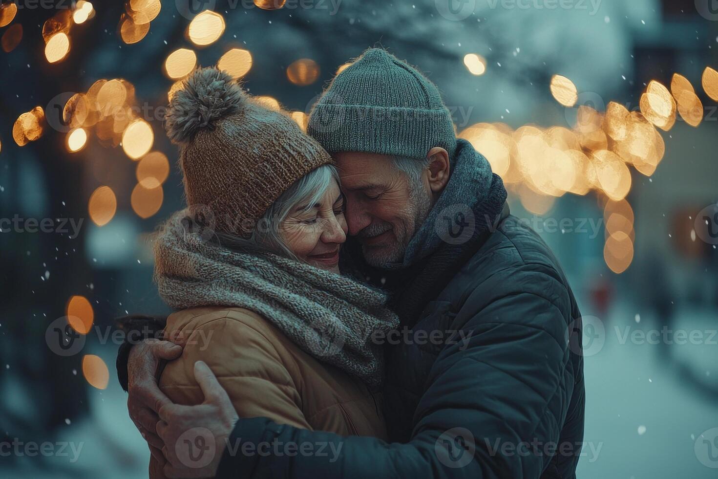elderly couple dances in their backyard surrounded glowing string lights create warm enchanting atmosphere. Their movements express love and joy on beautiful evening photo