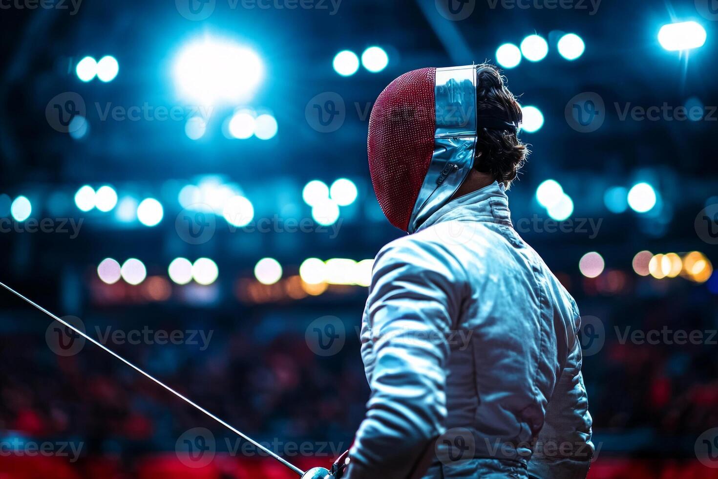 Facing her opponent fencer embodies strength and skill arena's bright lights. sleek leg prosthetic she demonstrates determination and focus in duel photo