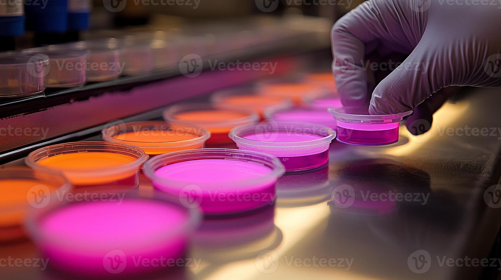Petri dishes filled vibrant glowing stem cell cultures are arranged neatly futuristic light setup. gloved hand carefully holds one dish showcasing advanced scientific research photo