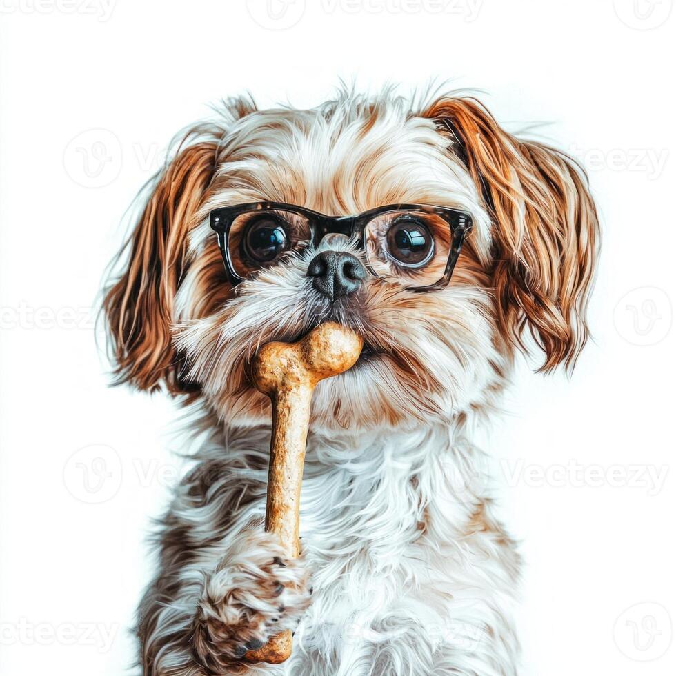 Shih Tzu is seen enjoying bone playful expression. dog is presented in side view highlighting its fluffy coat and cheerful demeanor photo