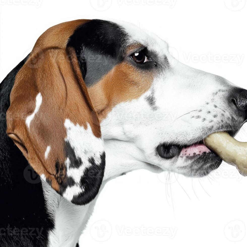 arbolado caminante Coonhound es visto en lado ver profundamente enfocado en masticación hueso. ajuste caracteristicas limpiar blanco antecedentes destacando perros juguetón expresión foto