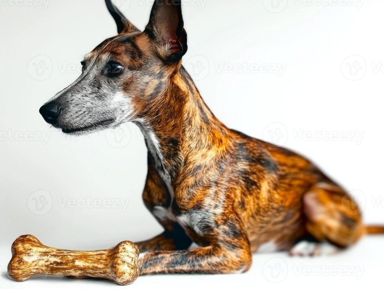 whippet sits calmly on clean white surface engrossed in chewing bone. dog's elegant side profile highlights its unique fur pattern and attentive demeanor making it captivating sight photo