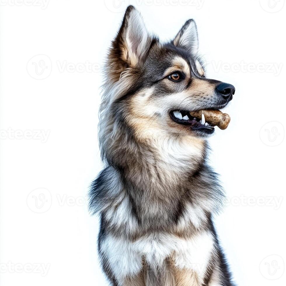 playful Alaskan Klee Kai enjoys chewing on bone showcasing its soft fur and alert expression in clean bright environment highlights its features photo