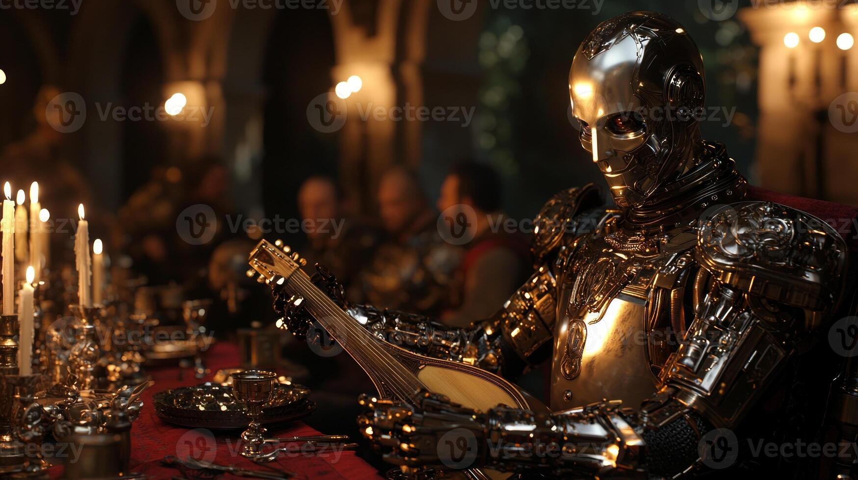 robot elegantly dressed in white tuxedo performs music on golden lute for medieval nobles gathered lavish banquet. Candles and silver goblets enhance ambiance of grand hall photo