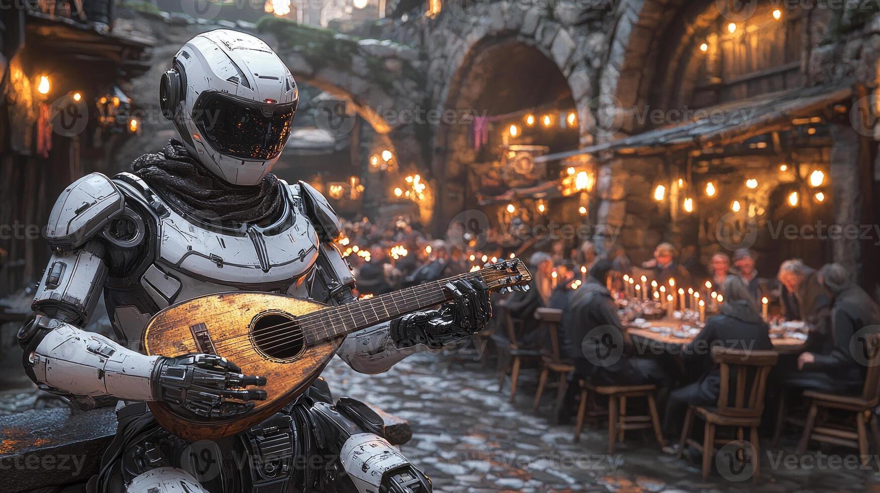 robot in sleek white tuxedo captivates gathering of medieval nobles playing golden lute photo
