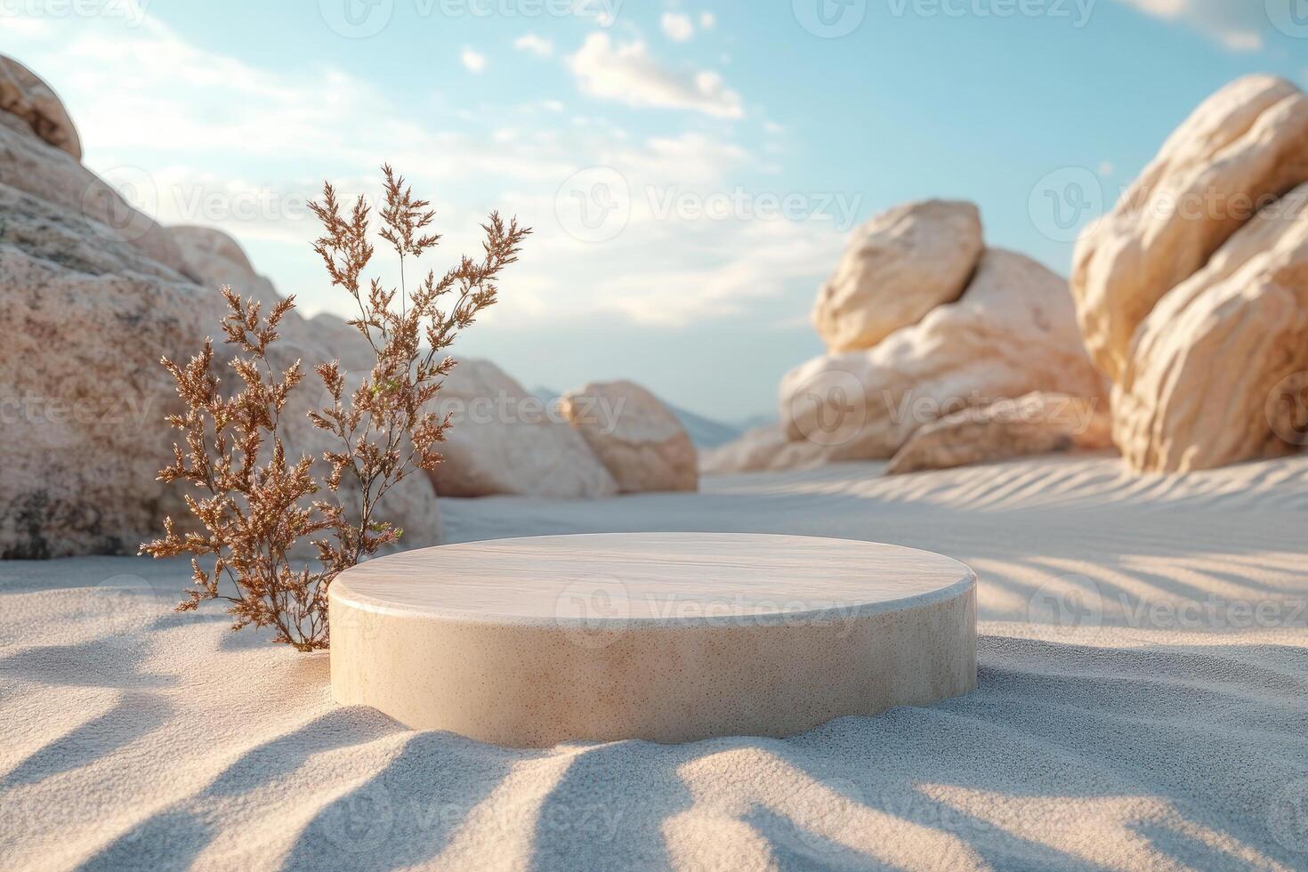 Minimalist stone platform in desert landscape photo