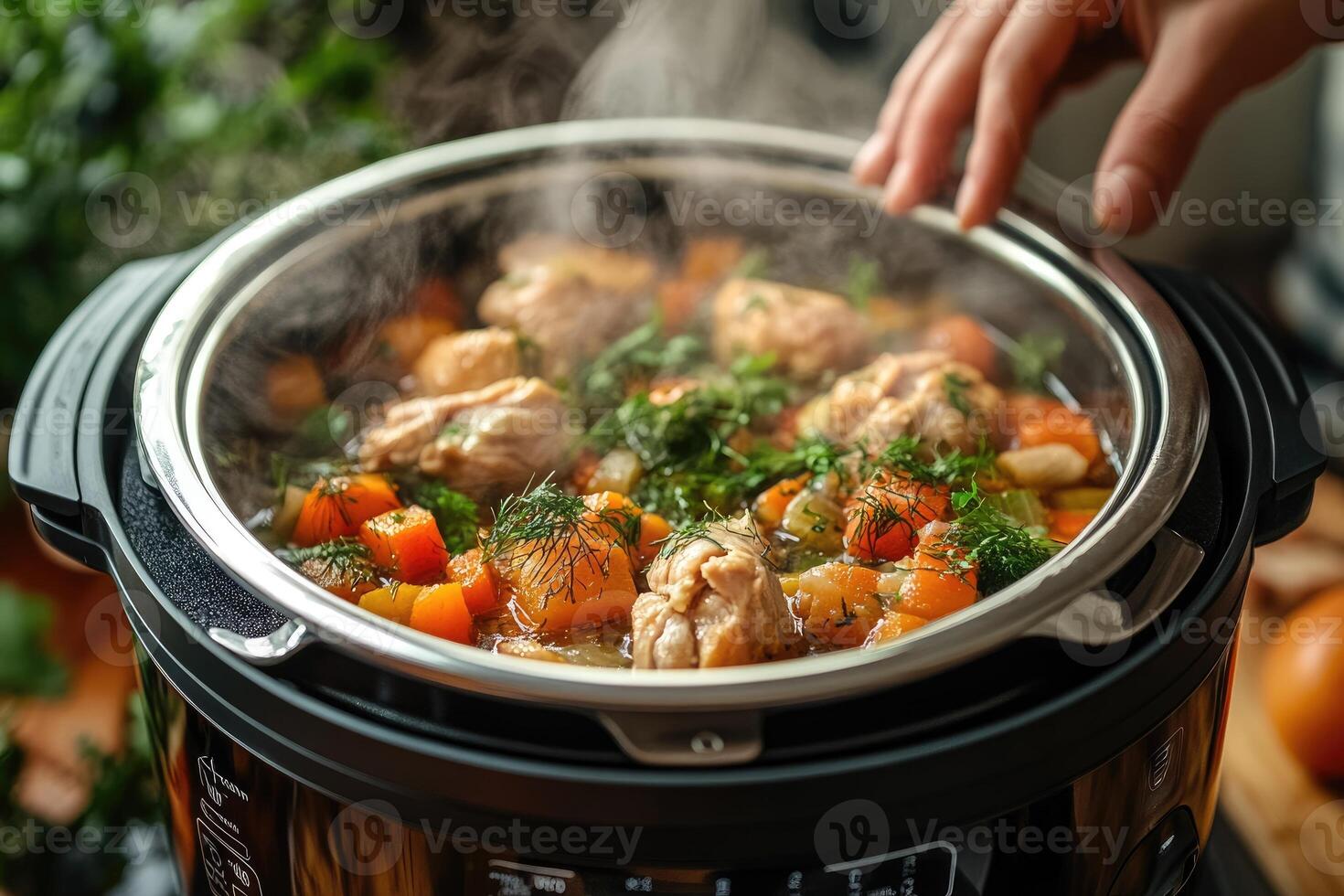 Chef opening modern multi cooker with steaming chicken and vegetables photo