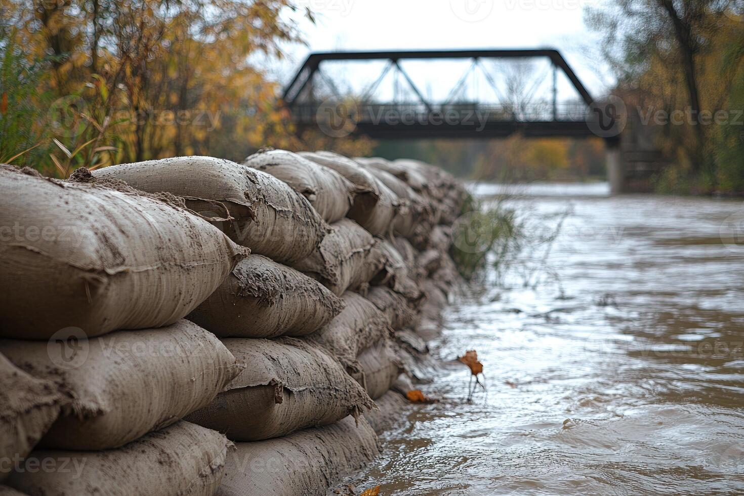 Sandbags protecting river bank from flooding under bridge photo