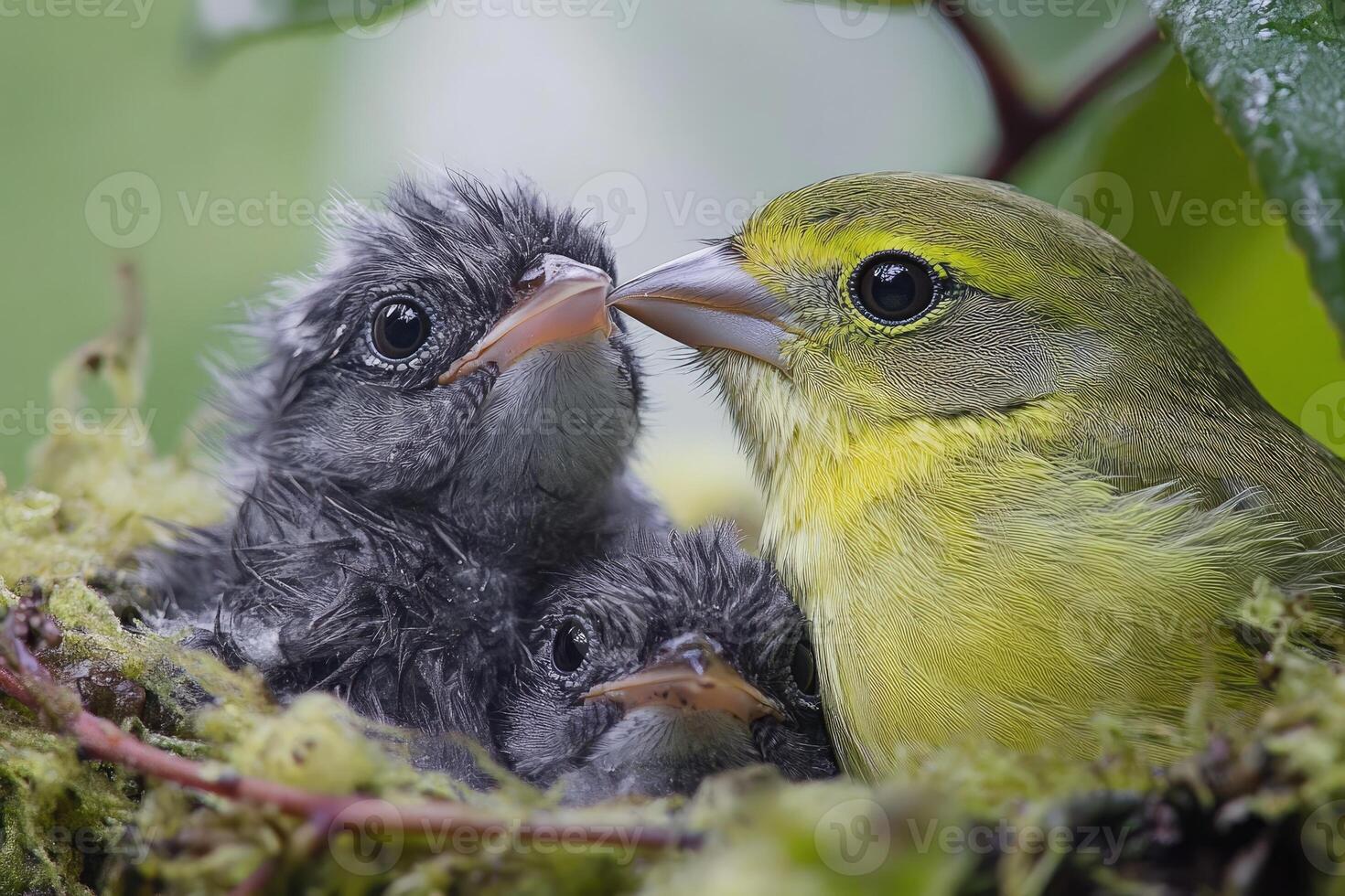 Close-up of vireo feeding its two chicks in their nest photo