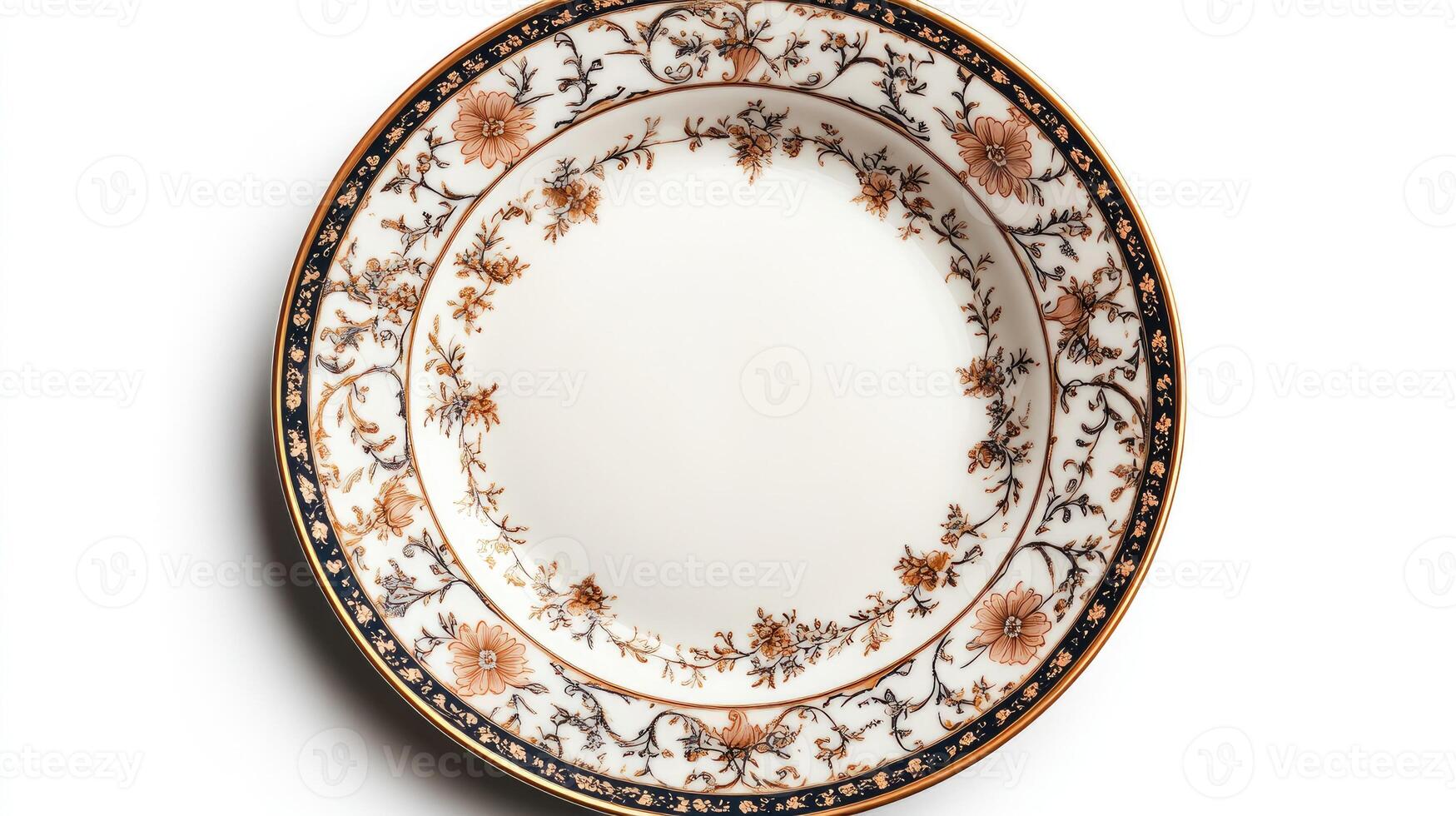 Empty round plate with gold and blue floral decoration on white background photo