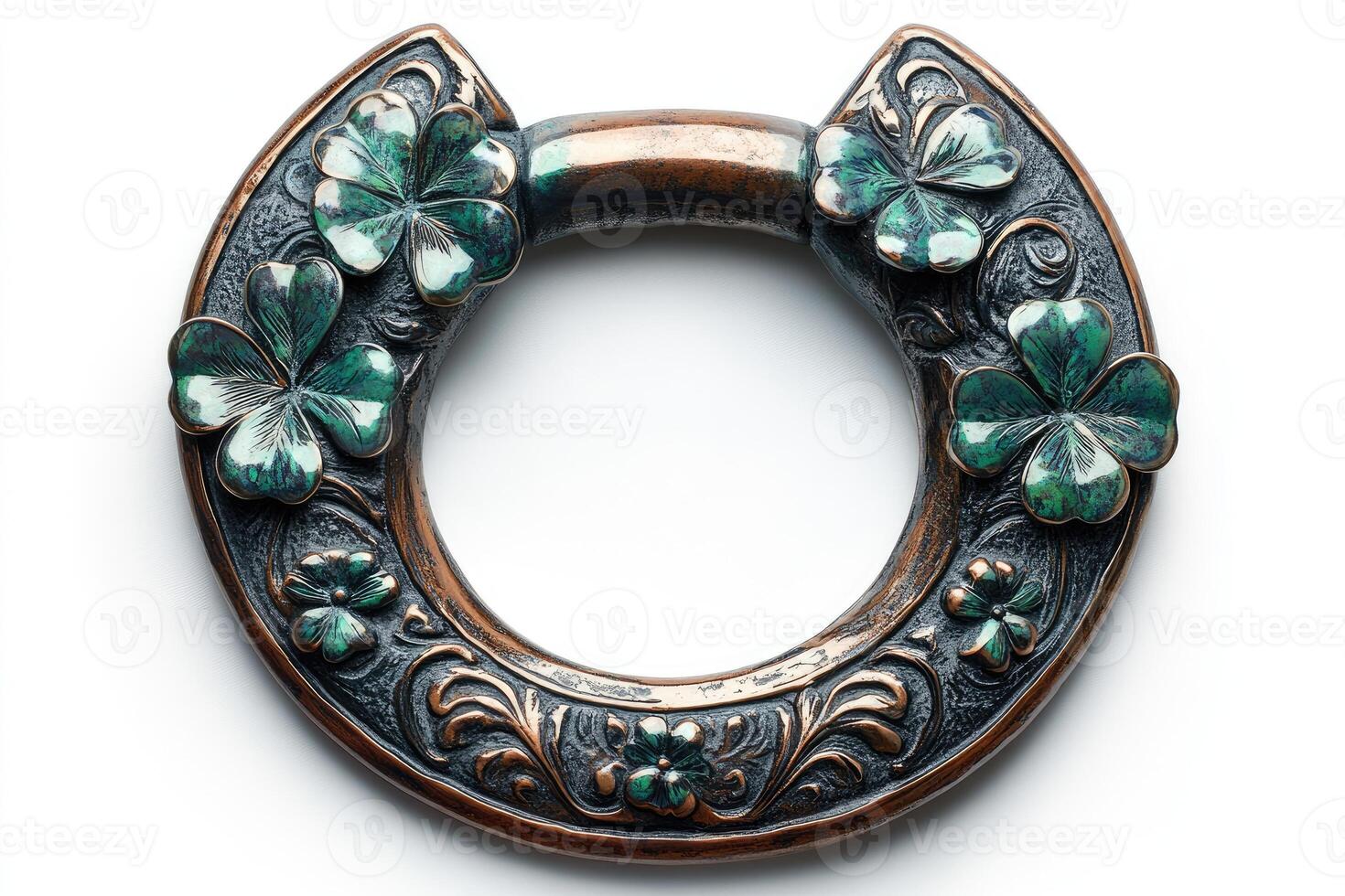 Circular copper and enamel pendant featuring green clovers and floral patterns, isolated on white background photo