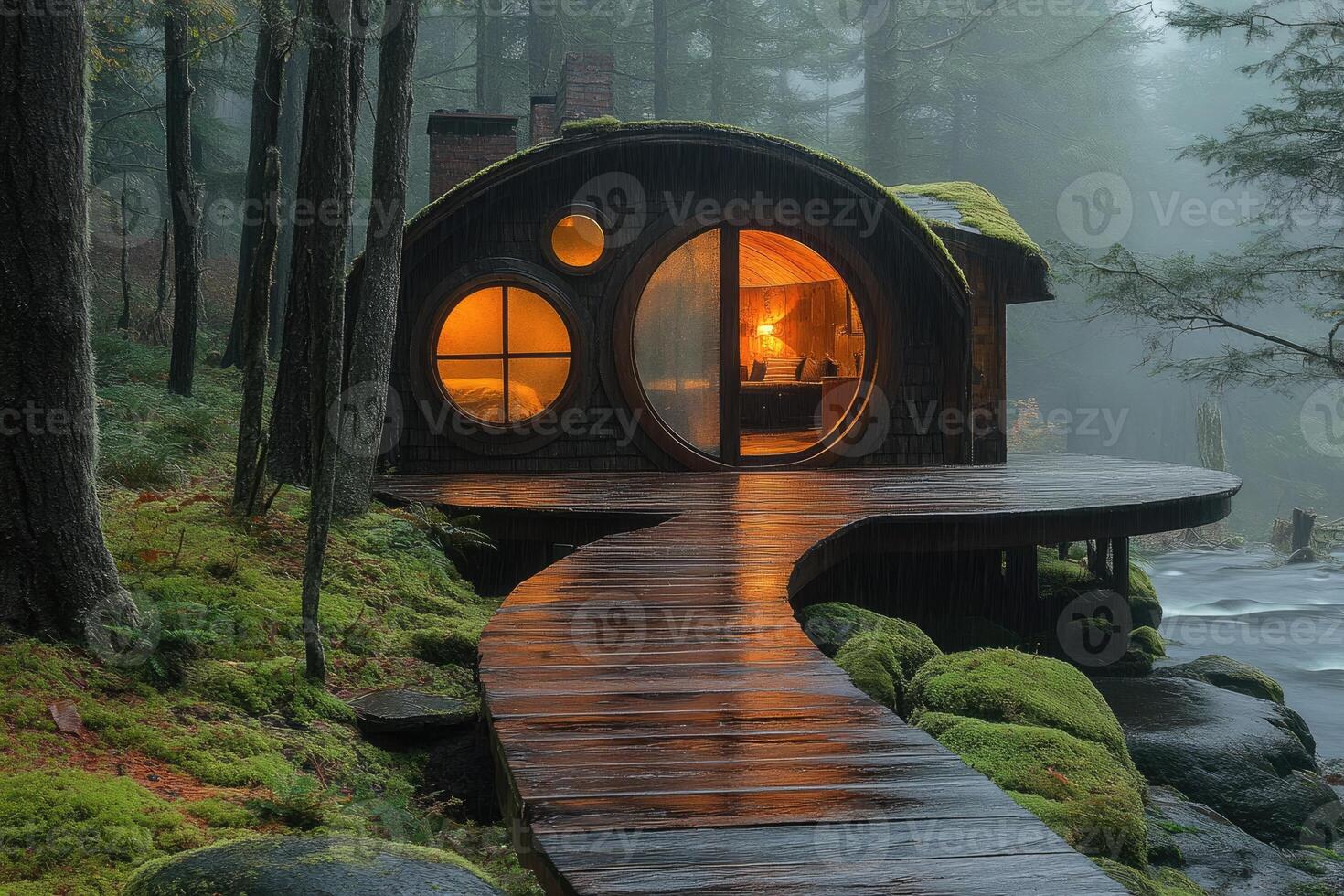 Cozy wooden cabin with circular windows illuminating the foggy forest photo