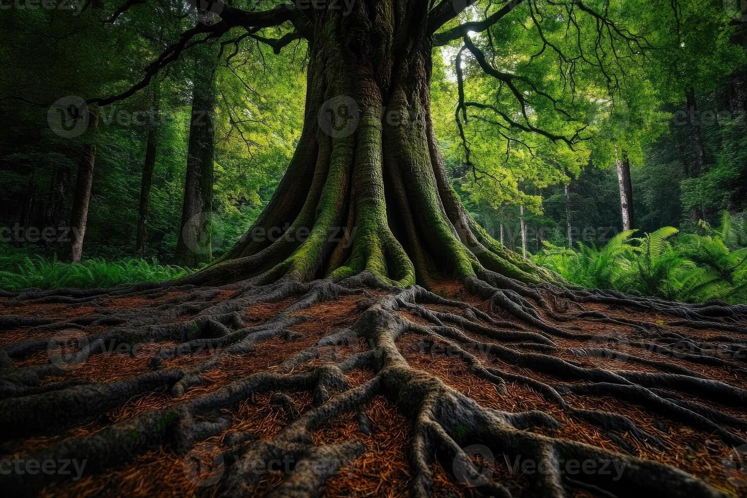 Majestic tree with exposed roots dominating forest floor photo