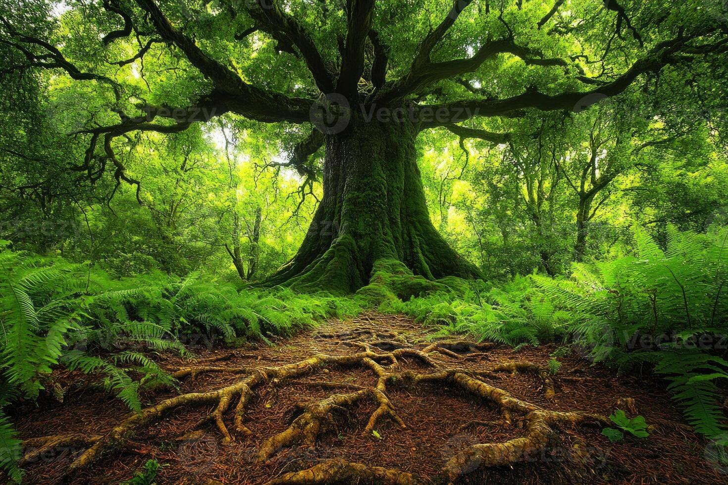 Majestic ancient tree dominating lush green forest landscape photo