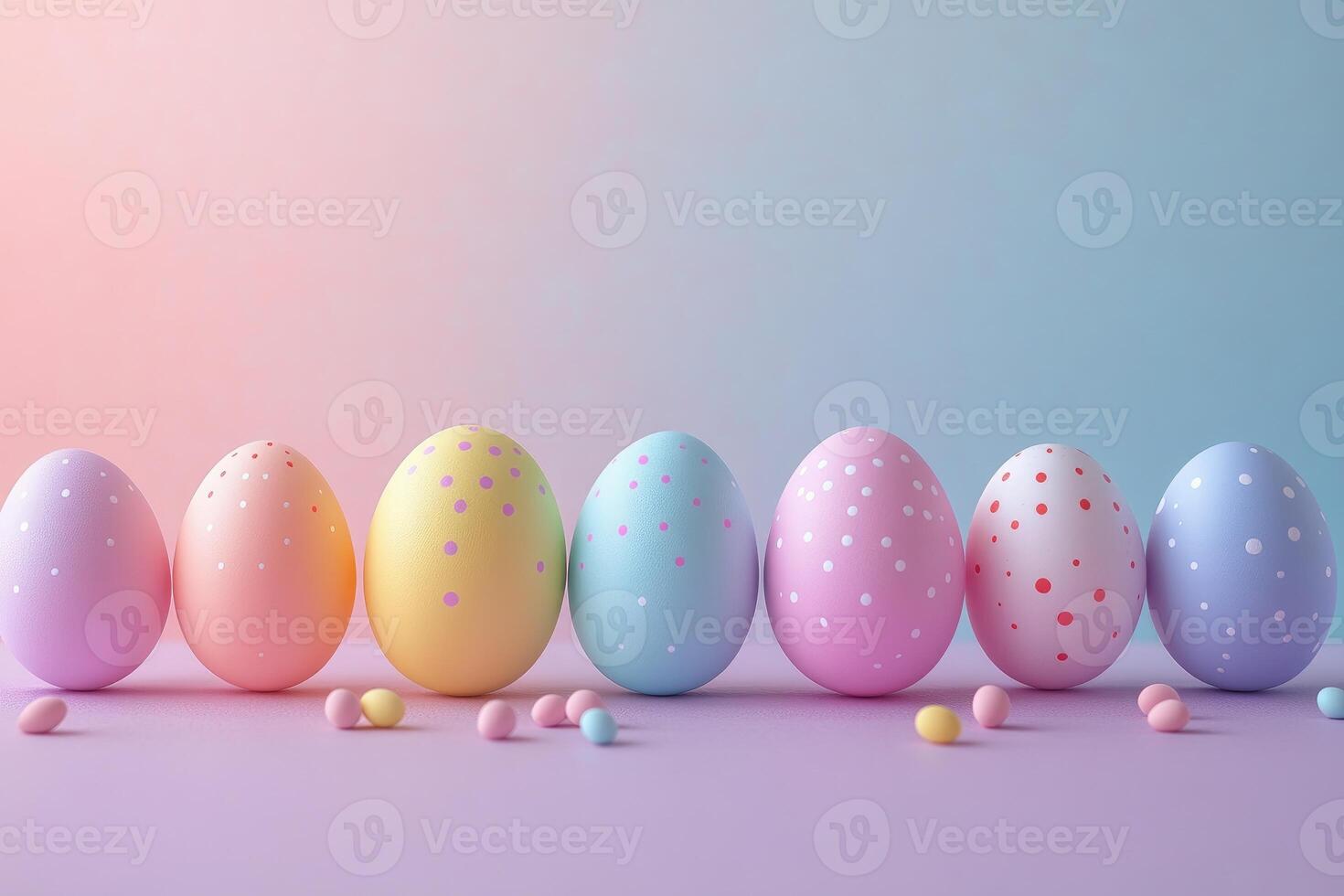 Row of pastel colored easter eggs with polka dots on gradient background photo