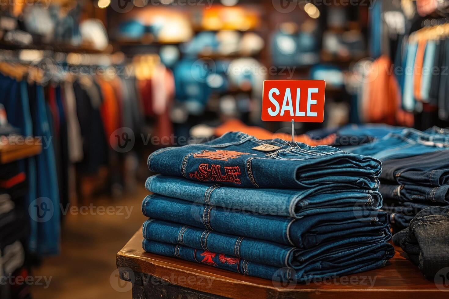Stack of blue jeans on sale in a clothing store photo