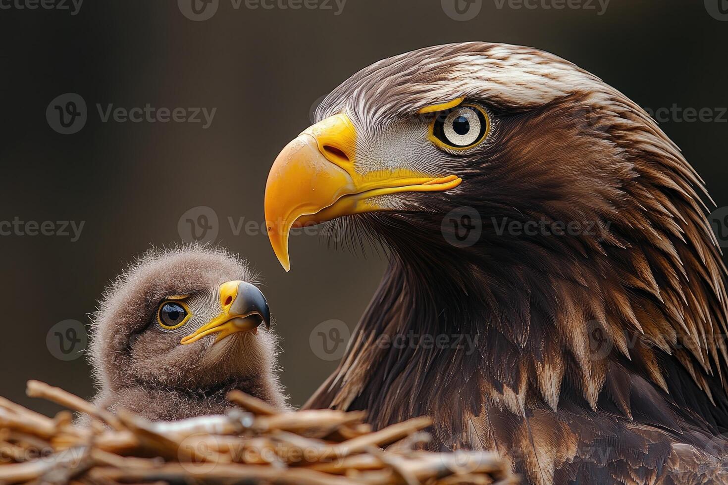 Bald eagle and chick sharing a tender moment in nest. photo