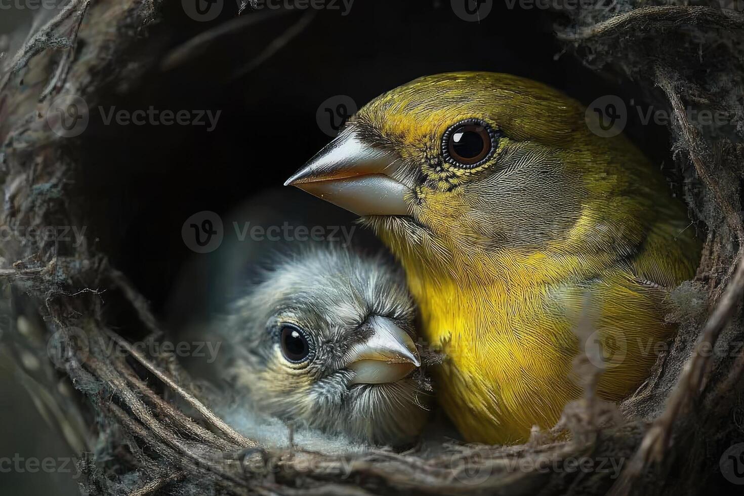 Close-up of vireo feeding its two chicks in their nest. photo