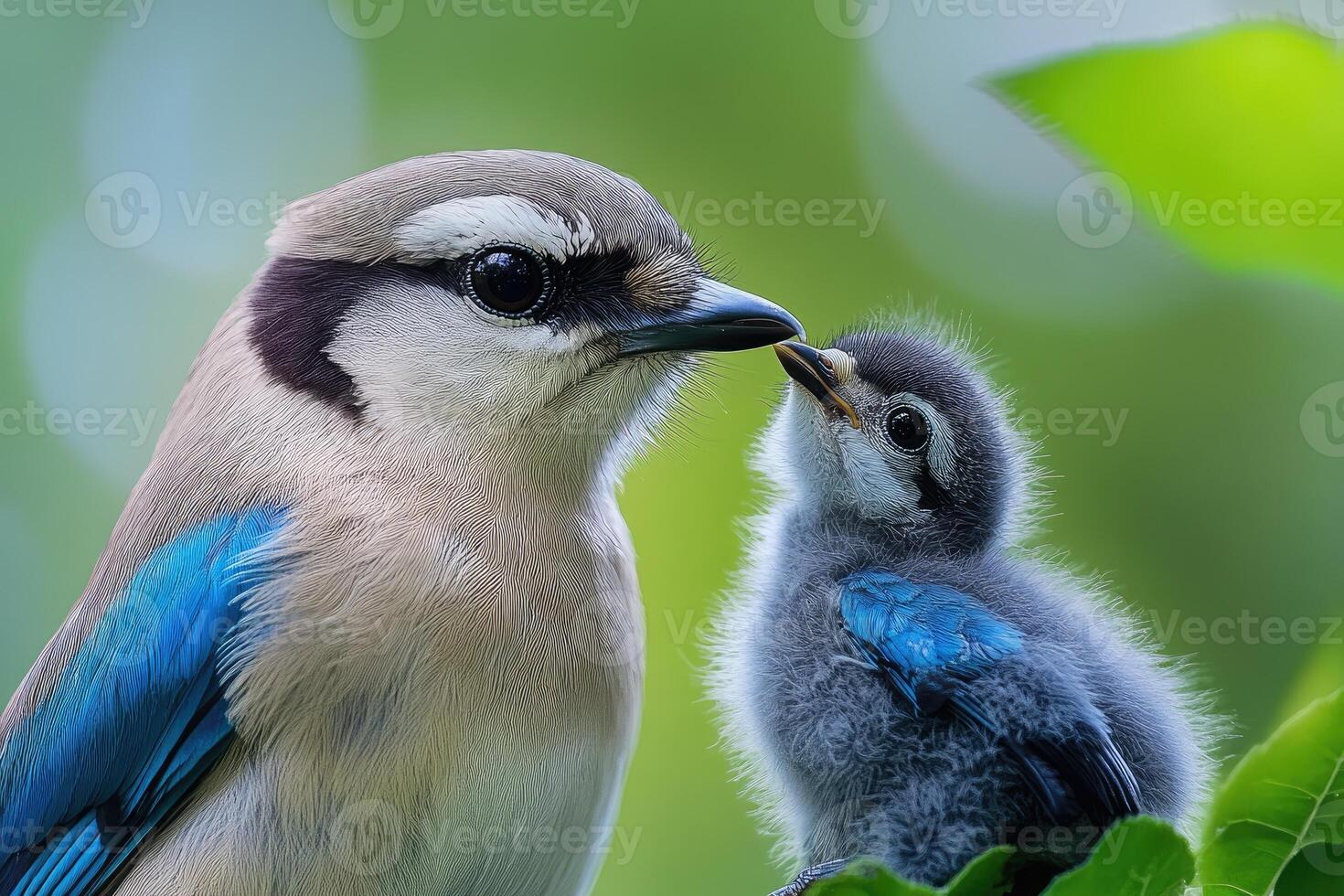 Azure-winged magpie feeding its young chick in nest photo