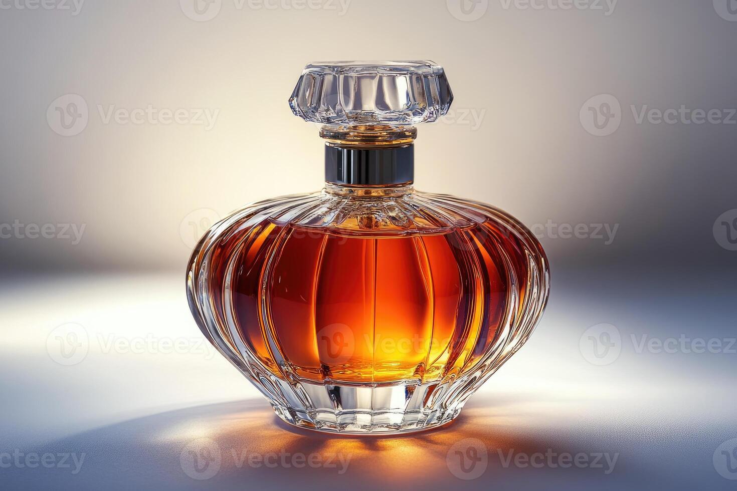 Elegant perfume bottle with lavender on white background reflecting light. photo