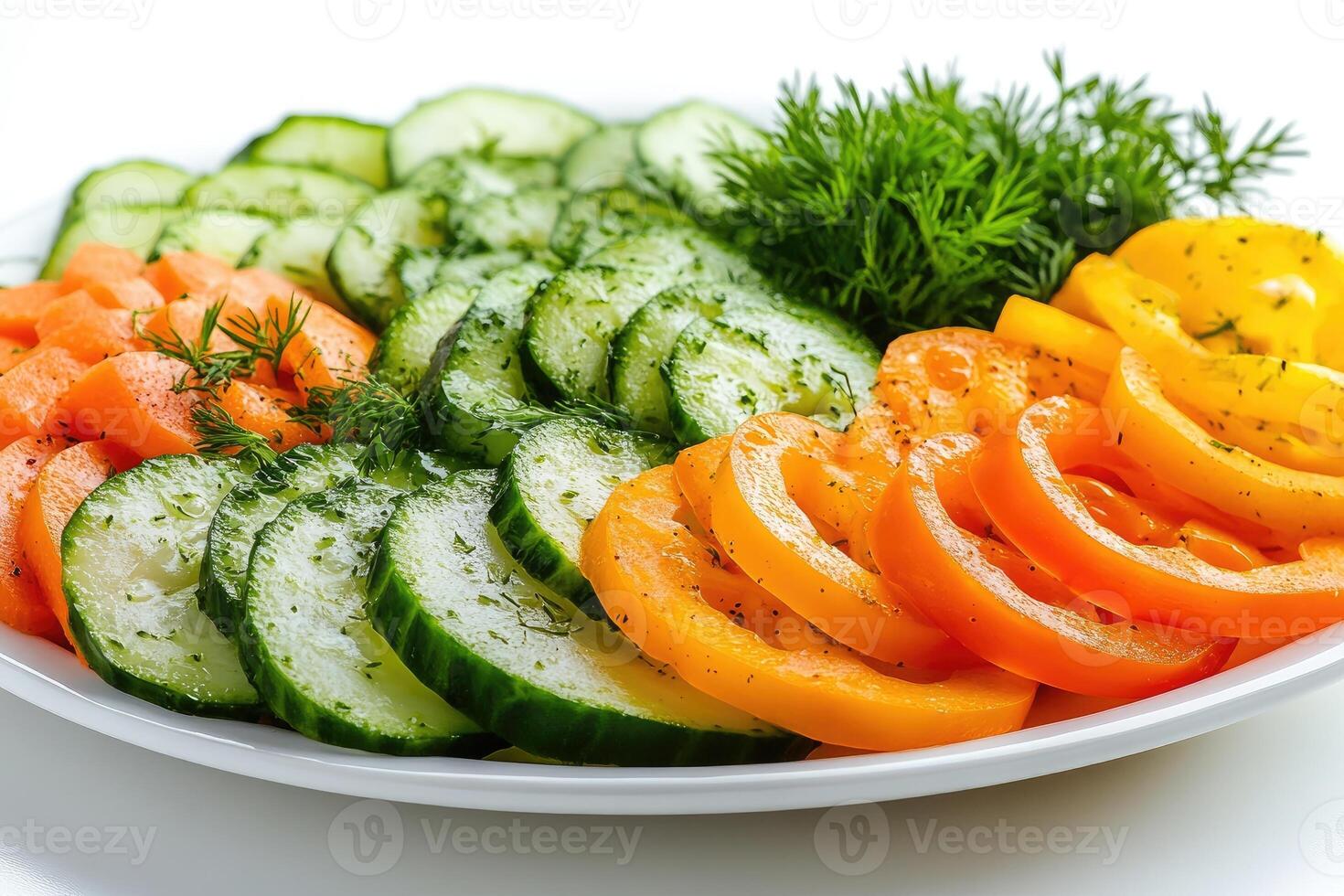Sliced vegetables with dill arranged on white plate carrots, cucumbers, tomatoes, and peppers creating colorful and healthy meal photo