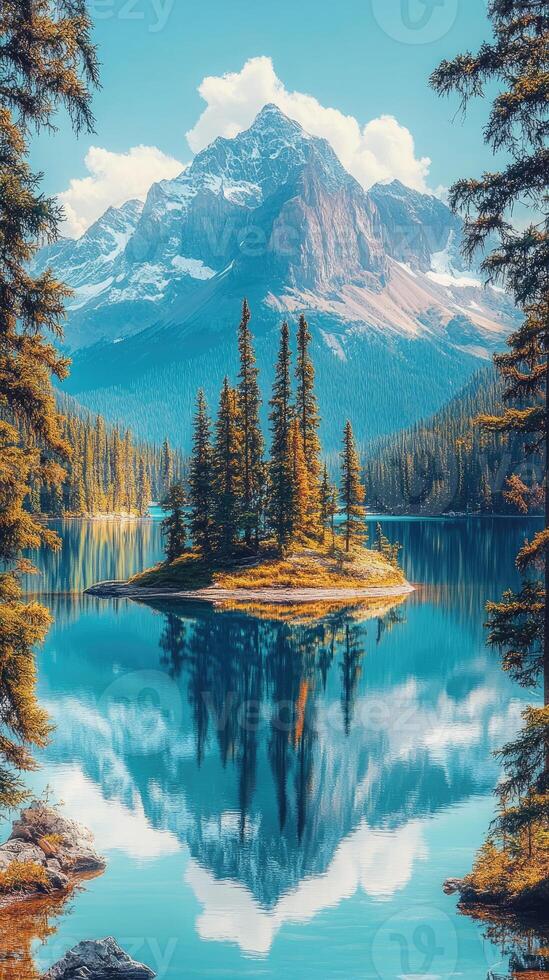 Spirit island reflecting in maligne lake, jasper national park, canada, on a sunny day. photo