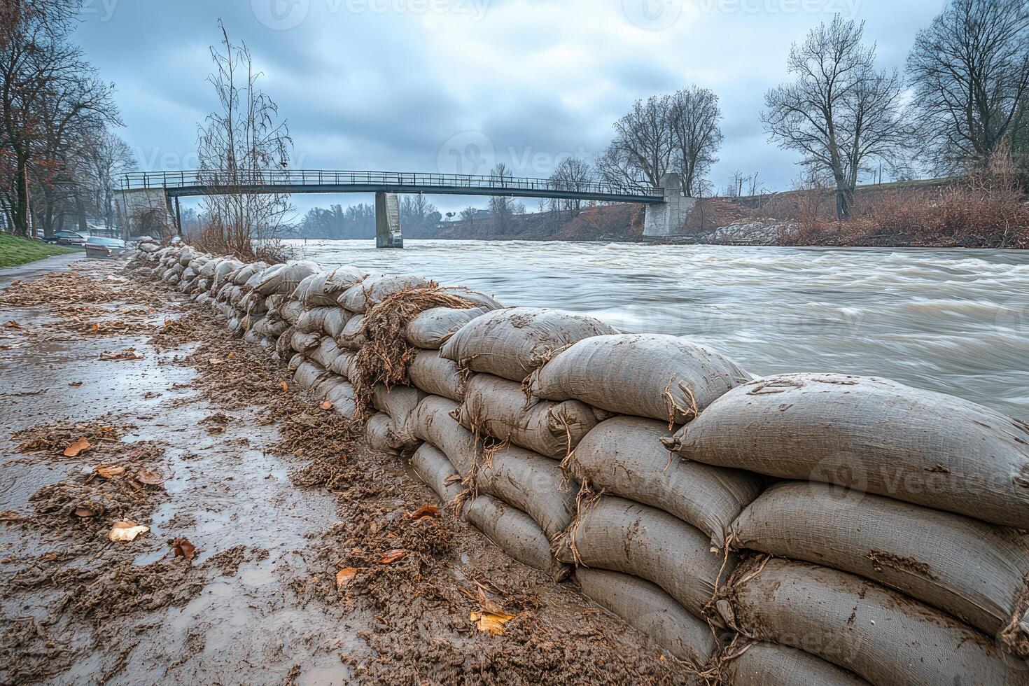 Sandbags protecting river bank from flooding under bridge. photo