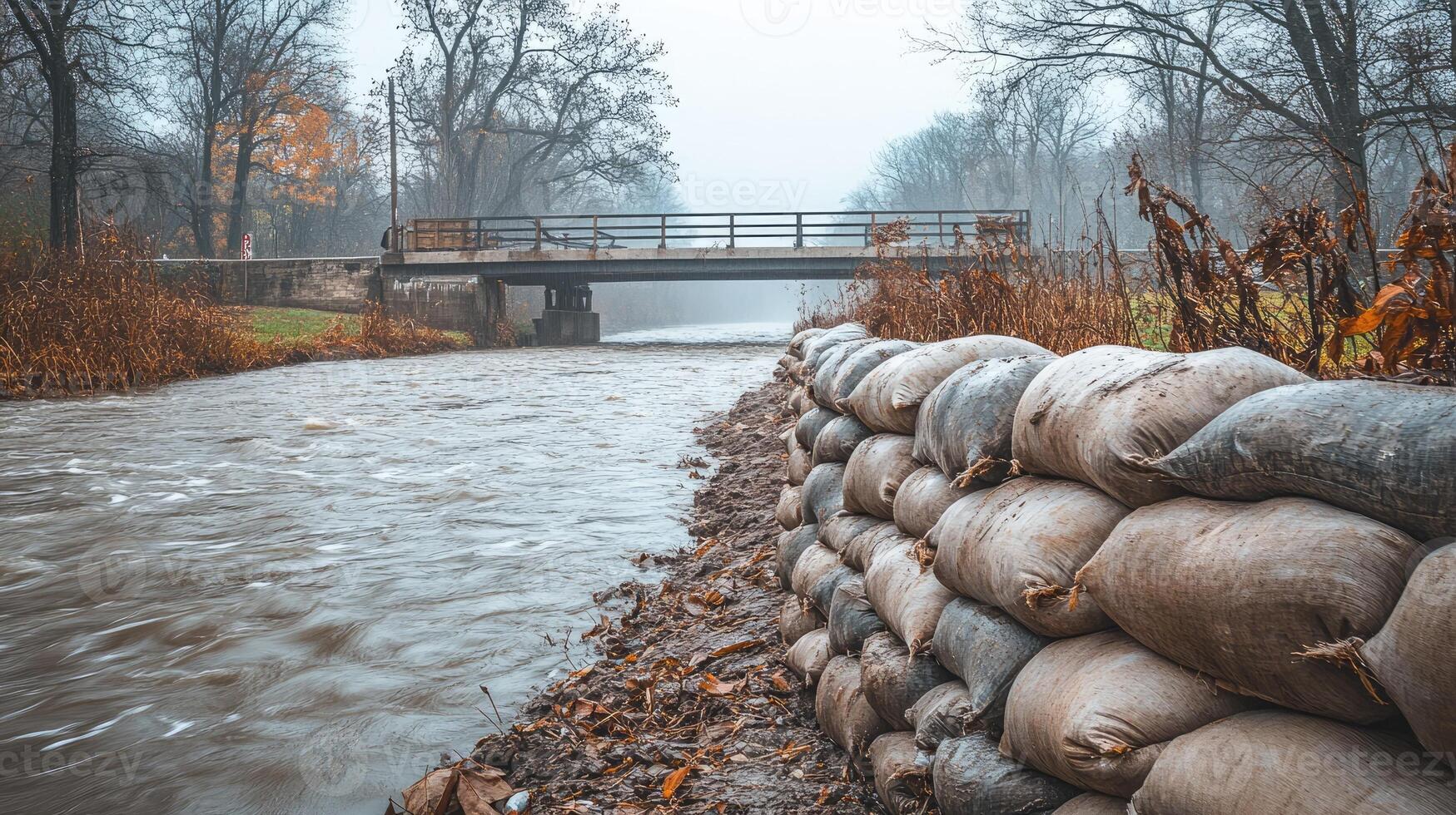 Sandbags protecting river bank from flooding during storm. photo